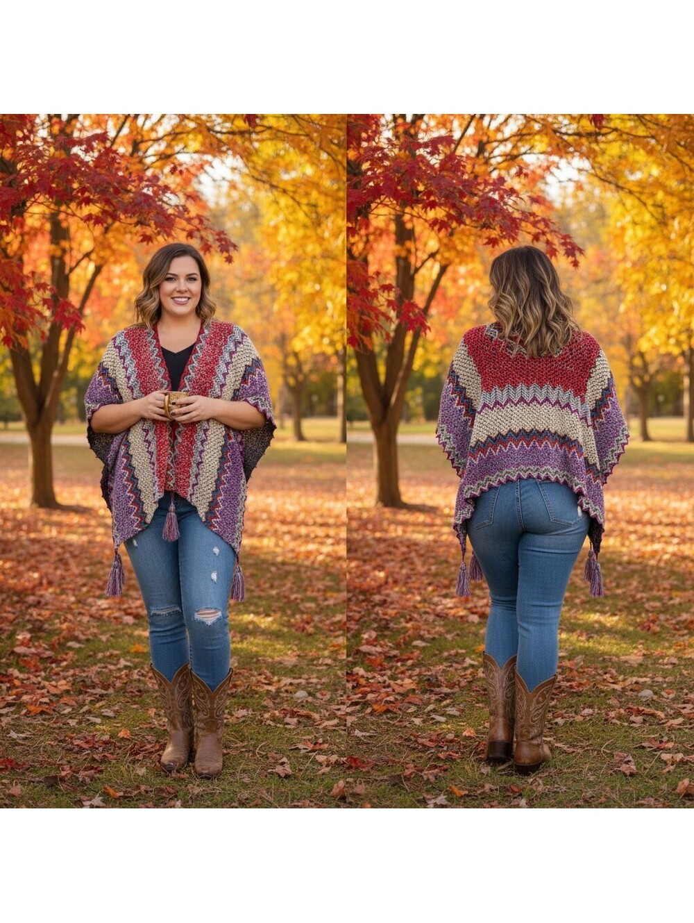 1901 - Vintage Multicolor Crochet Shawl Wrap with Tassels, One Size